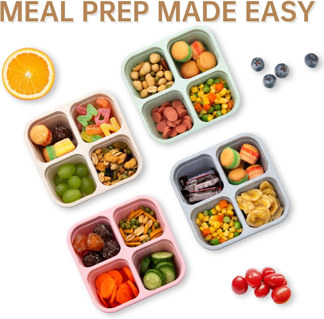 4 pack Bento Lunch Box, Snack Containers，Meal Prep Containers Kids/Toddle/Adults,Food Storage Containers for School, Work and Travel (4 and 3 Compartment Multicolor)