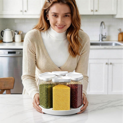 Rotating Grain Dispenser with Manual Vacuum Pump - 6-Grid Vacuum-Storage Canister Set, Food Storage Bins for Cereal, Rice, Beans & Bulk Dry Food Pantry Organization