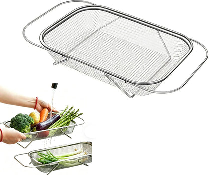 Sink Strainer Basket, Over the Sink Colander, Kitchen Expandable Stainless Steel Mesh Drain Basket, Adjustable Rectangular Kitchen Strainer with Handle for Washing Fruits, Vegetables and Pasta (Small)