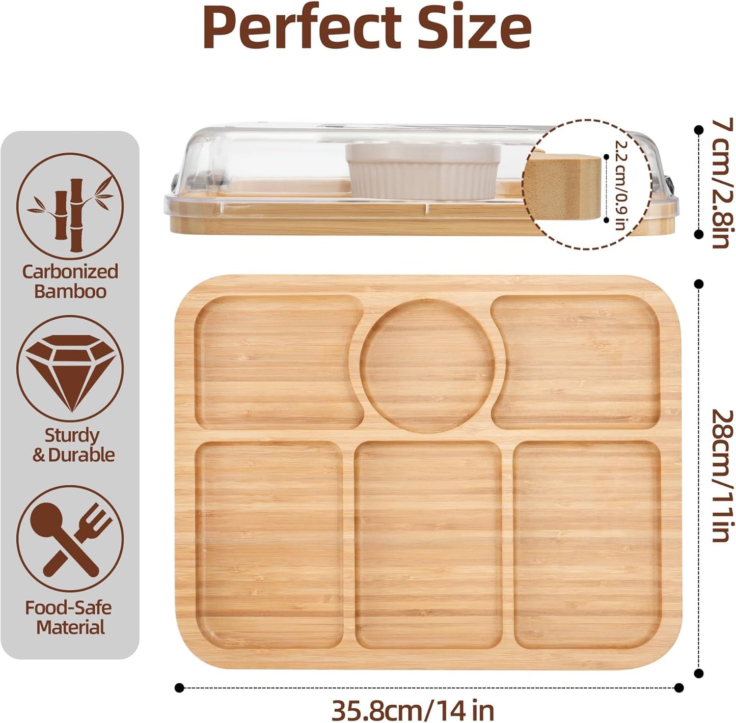 WILLKOMMEN Charcuterie Board with Lid- 5 Compartment Carbonized Bamboo Serving Tray with Locking Lid, Square Serving Platter Divided Serving Dishes for Party Cheese Snack Fruit