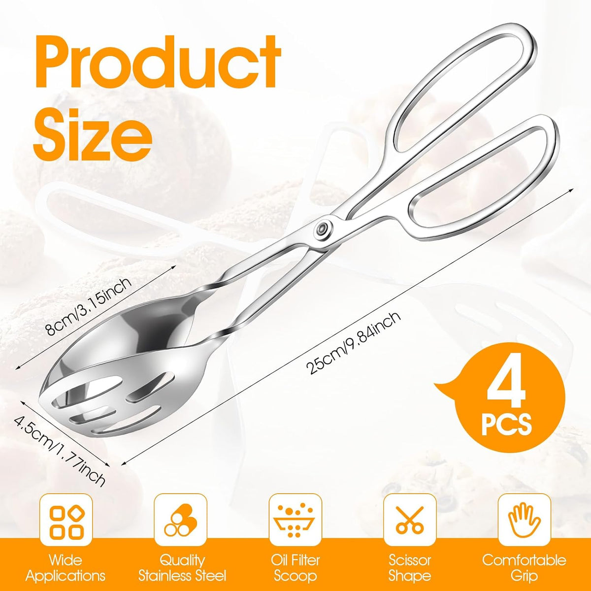 4-Pack Stainless Steel Salad Tongs & Serving Tongs - Scissor-Style Kitchen Utensils for Buffet, Party, Cooking, Baking, BBQ (Silver)