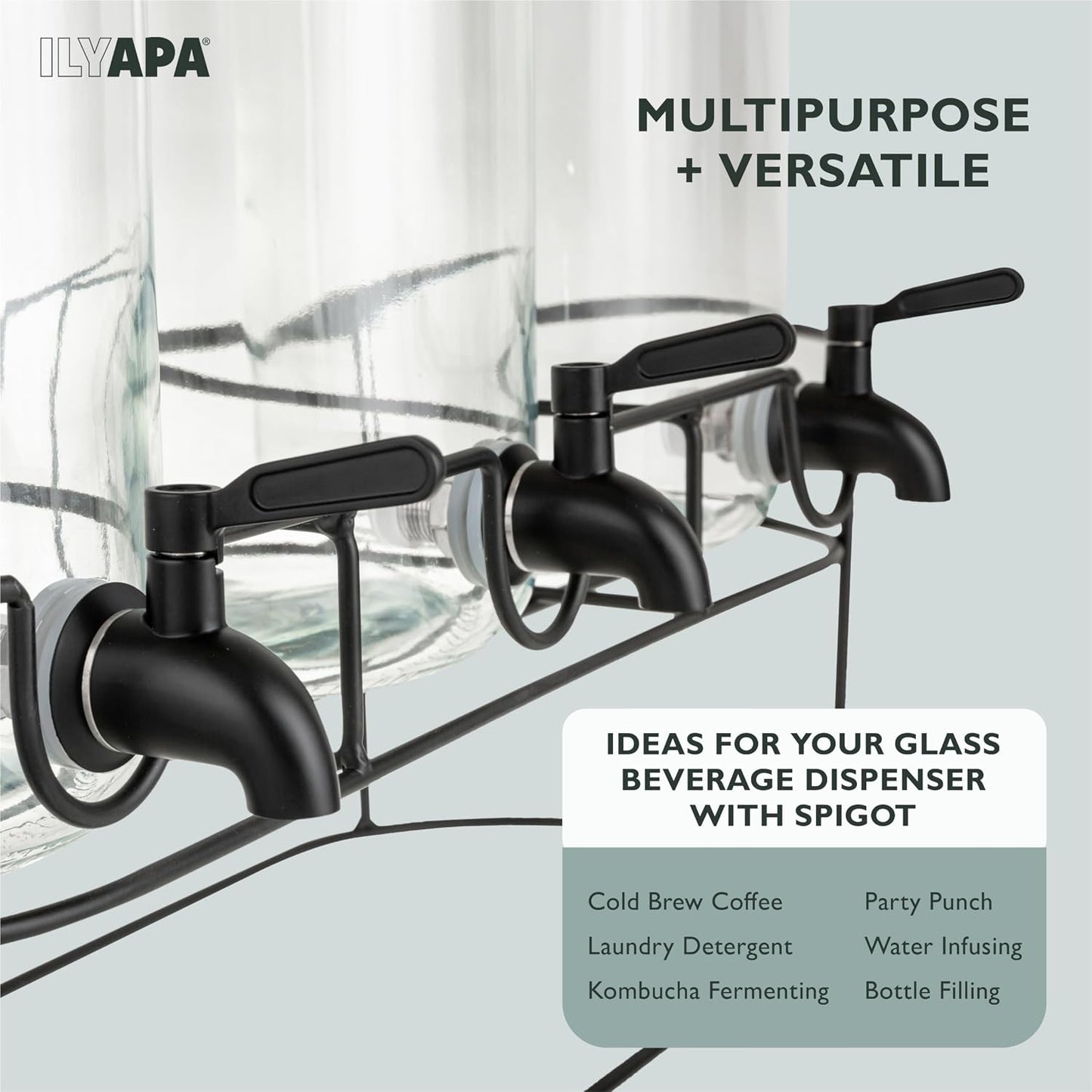 Ilyapa Glass Drink Dispensers for Parties with Stand - 2 Pack, 2 Gallon Double Beverage Dispenser with Wood Tops & Black Stainless Spigots