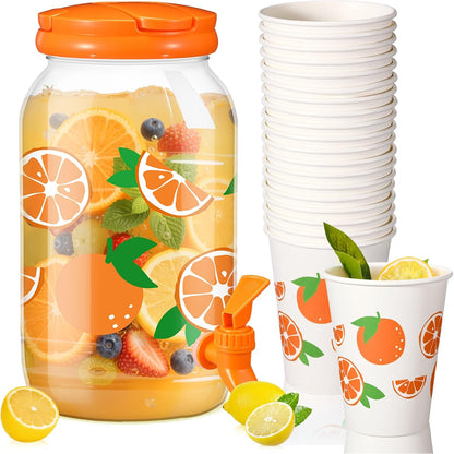 Umigy Tree Clear Plastic Drink Dispenser with 20 Pcs 12 oz Tropical Paper Cups 1 Gallon Kitchen Fridge Beverage Dispenser Plastic Water Dispenser with Spigot for Juice Tea Beer(Orange)