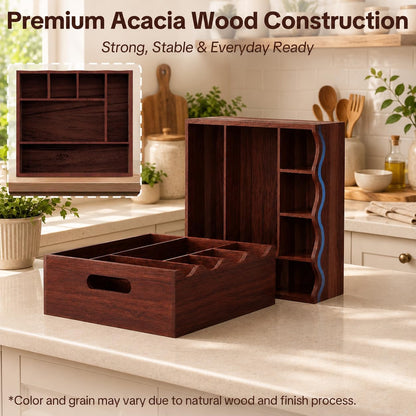 Utensil Holder & Silverware Organizer, Acacia Wood Kitchen Utensil Caddy for Countertop, 6 Compartment Paper Plate Holders & Dispenser, Wooden Cutlery Holder with Handle for Party, Natural Acacia