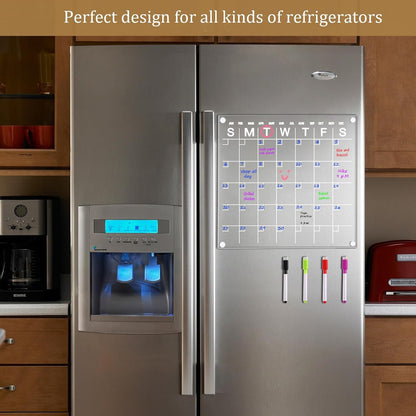 Acrylic Fridge Calendar 12x12 - Magnetic Dry Erase Board with 8 Markers
