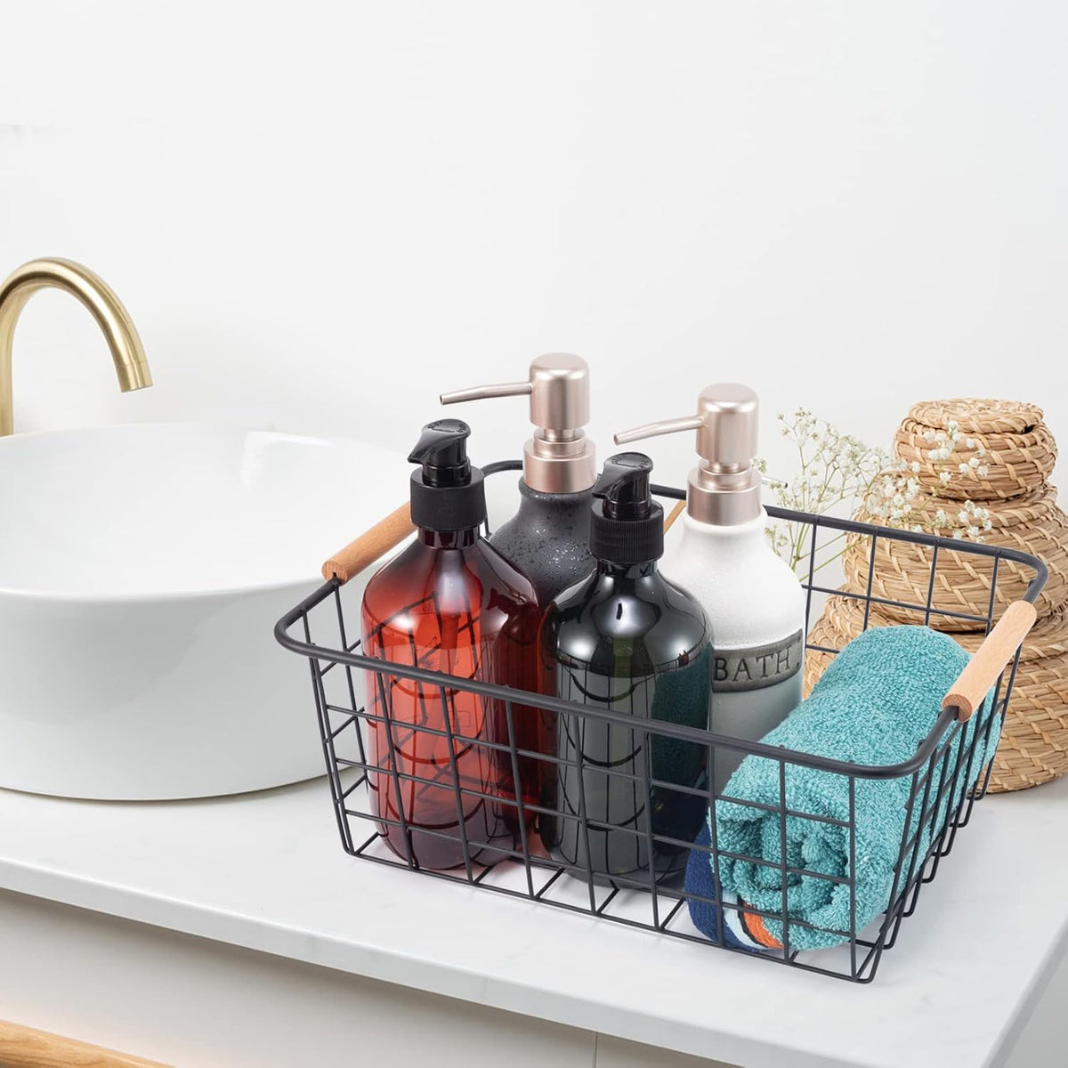 Wire Basket 4 Pcs Wire Storage Baskets Wire Baskets Organizing with Wooden Handles Wire Basket Pantry Organization and Storage Metal Wire Food Storage Basket for Kitchen, Cabinets (Black 4PCS)