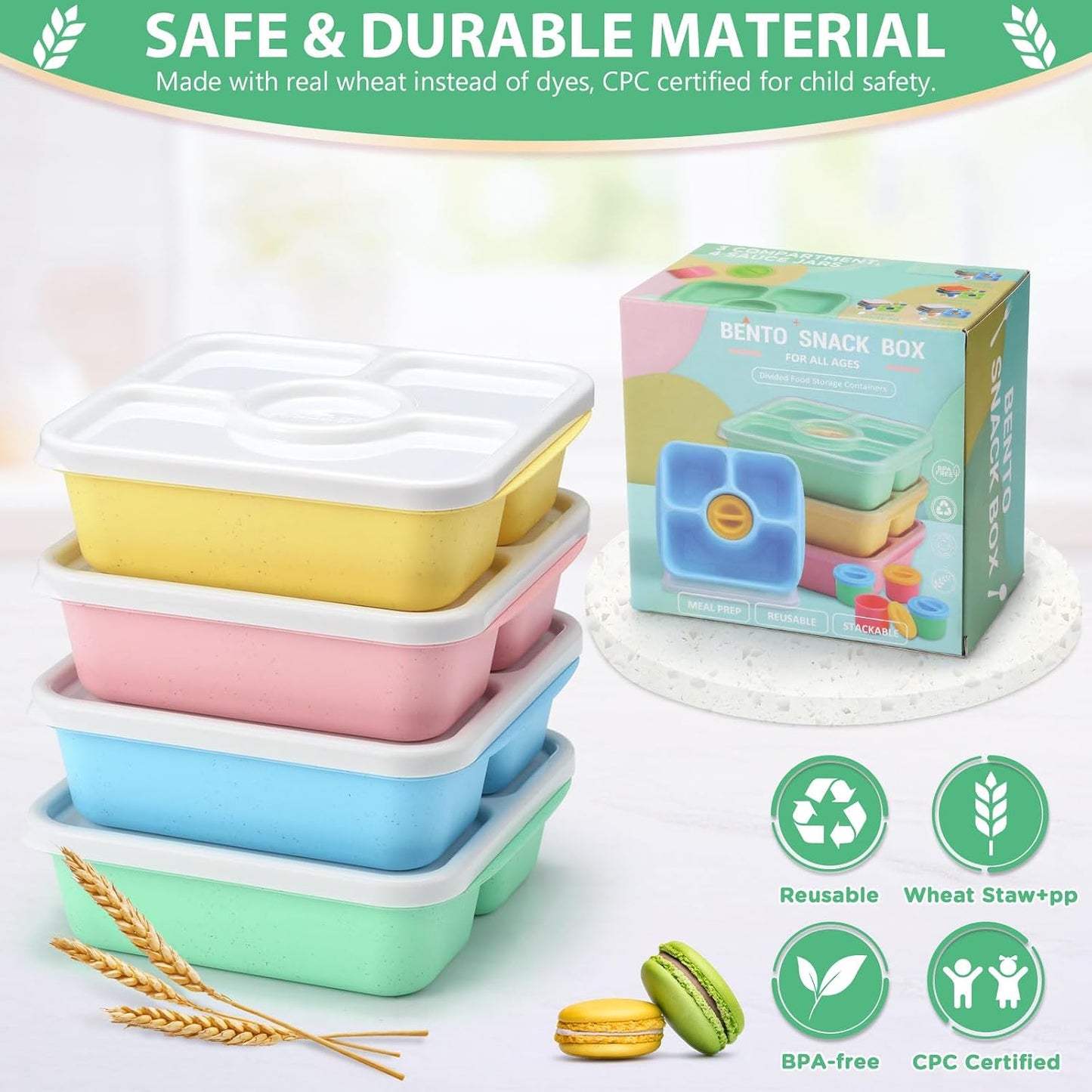 Bento Snack Box Containers for Adults Kids, 4 Pack Lunchable Meal Prep Containers Reusable, Stackable Bento Lunch Box, Food Storage Prep Containers with Lids and 4 Sauce Cups, Pastel Color, Clear Lid