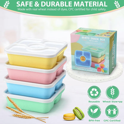 Bento Snack Box Containers for Adults Kids, 4 Pack Lunchable Meal Prep Containers Reusable, Stackable Bento Lunch Box, Food Storage Prep Containers with Lids and 4 Sauce Cups, Pastel Color, Clear Lid