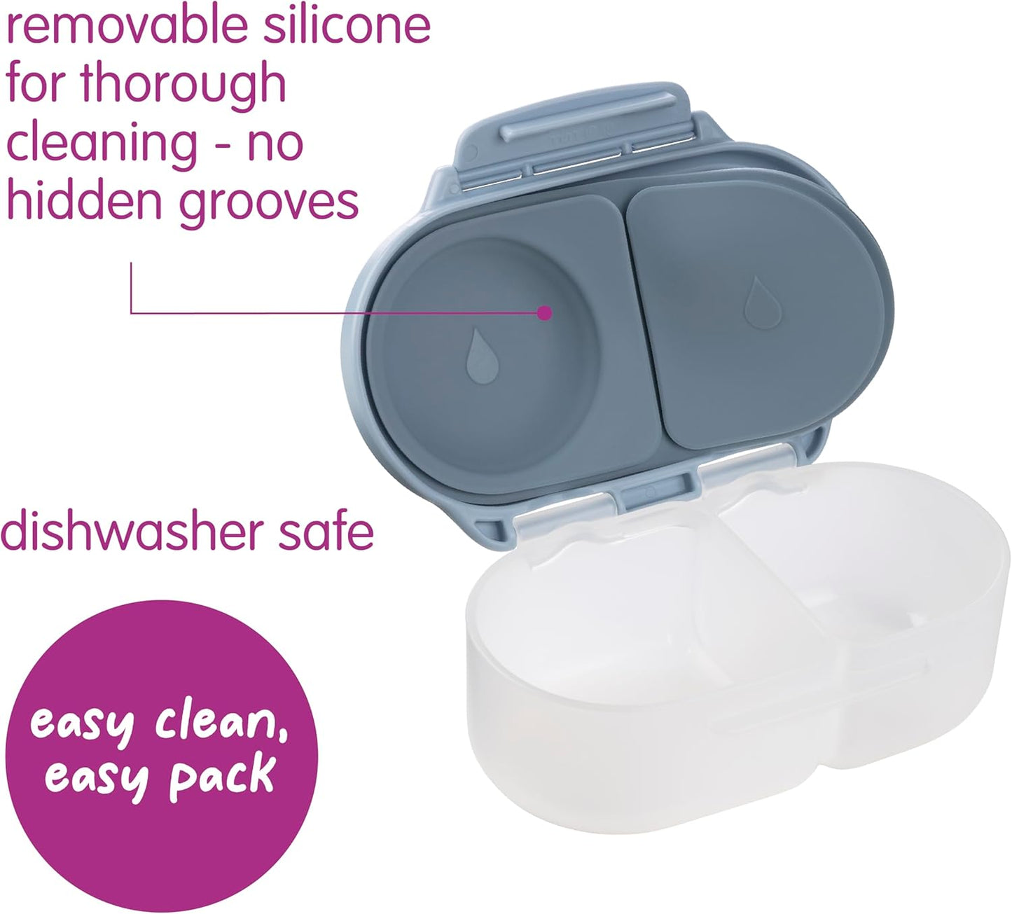 b.box Snack Box 2-Pack - Leak Proof Mini Bento Box for Kids & Toddlers, 2 Compartment Snack Containers for Kids, Dishwasher Safe, BPA-Free, PFAS-Free, Ages 4mo+, 1 3/4 Cup Each (Strawberry + Lilac)
