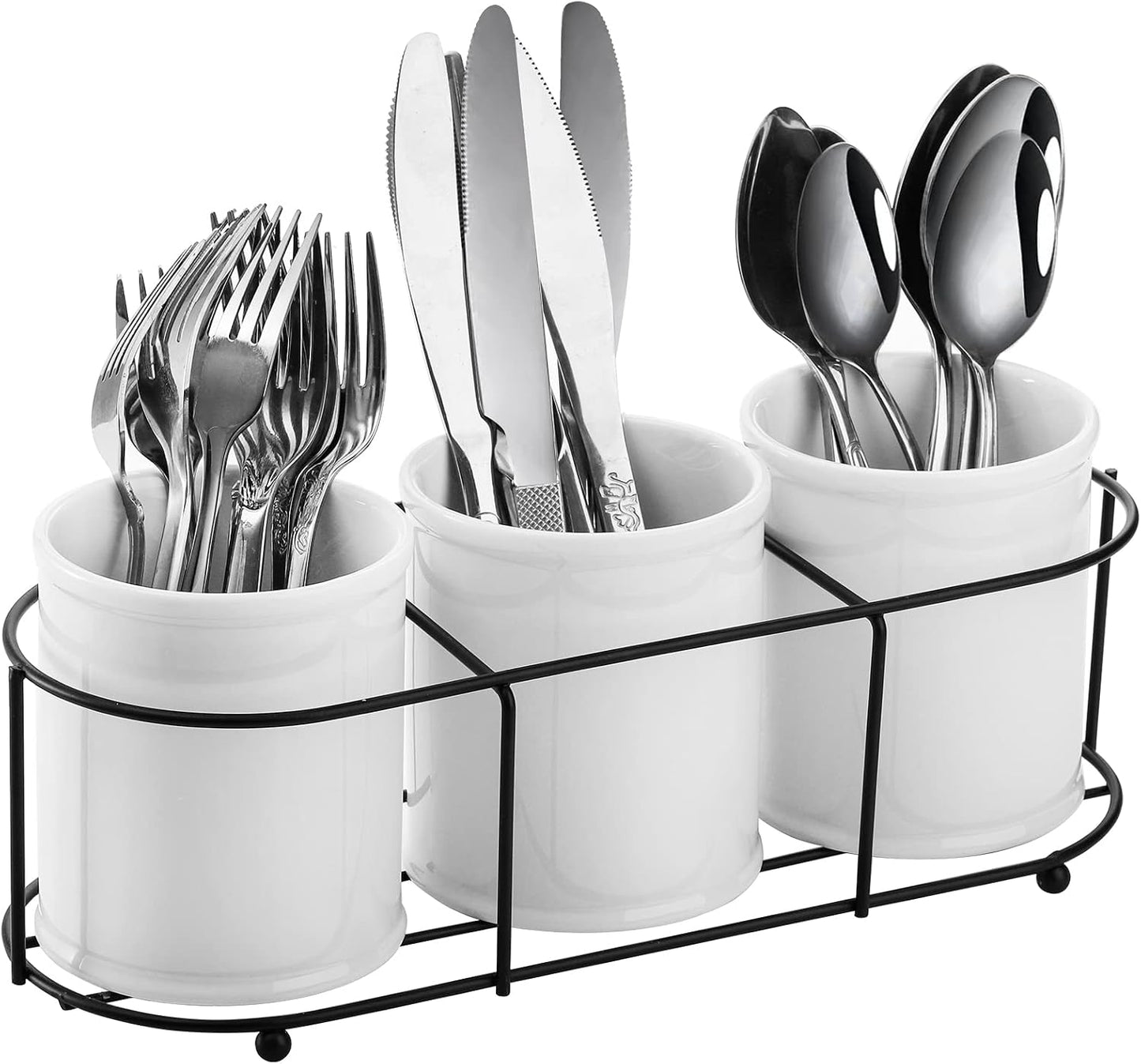Bekith 3-Piece Ceramic Silverware Caddy with Metal Rack, Utensil Holder Flatware Caddy Cutlery Storage Organizer for Kitchen Table, Cabinet or Pantry