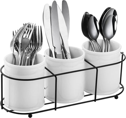 Bekith 3-Piece Ceramic Silverware Caddy with Metal Rack, Utensil Holder Flatware Caddy Cutlery Storage Organizer for Kitchen Table, Cabinet or Pantry