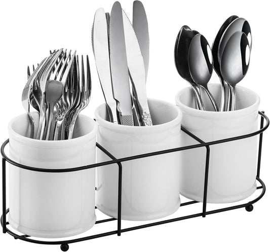 Bekith 3-Piece Ceramic Silverware Caddy with Metal Rack, Utensil Holder Flatware Caddy Cutlery Storage Organizer for Kitchen Table, Cabinet or Pantry
