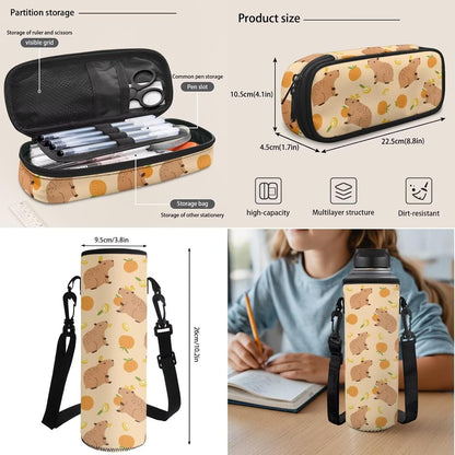 Cute Capybara Pizza Backpack for Girls, 5 Pcs Boys School Bag Set for Kids, 17 Inch Backpacks Lunch Pencil Box Reusable Utensils Case Set for Middle Elementary School, 3rd Grade Backpack