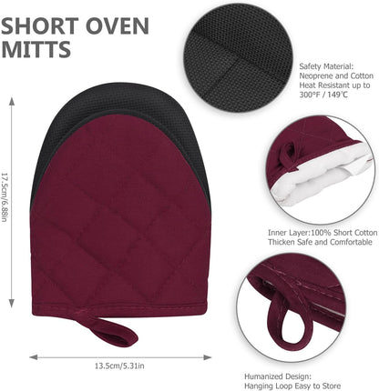 1 Pair Short Oven Mitts - Silicone Kitchen Oven Gloves High Heat Resistant 500℉, Mini Oven Mits with Non-Slip Grip Surfaces and Hanging Loop for BBQ, Baking, Cooking and Grilling (Black)