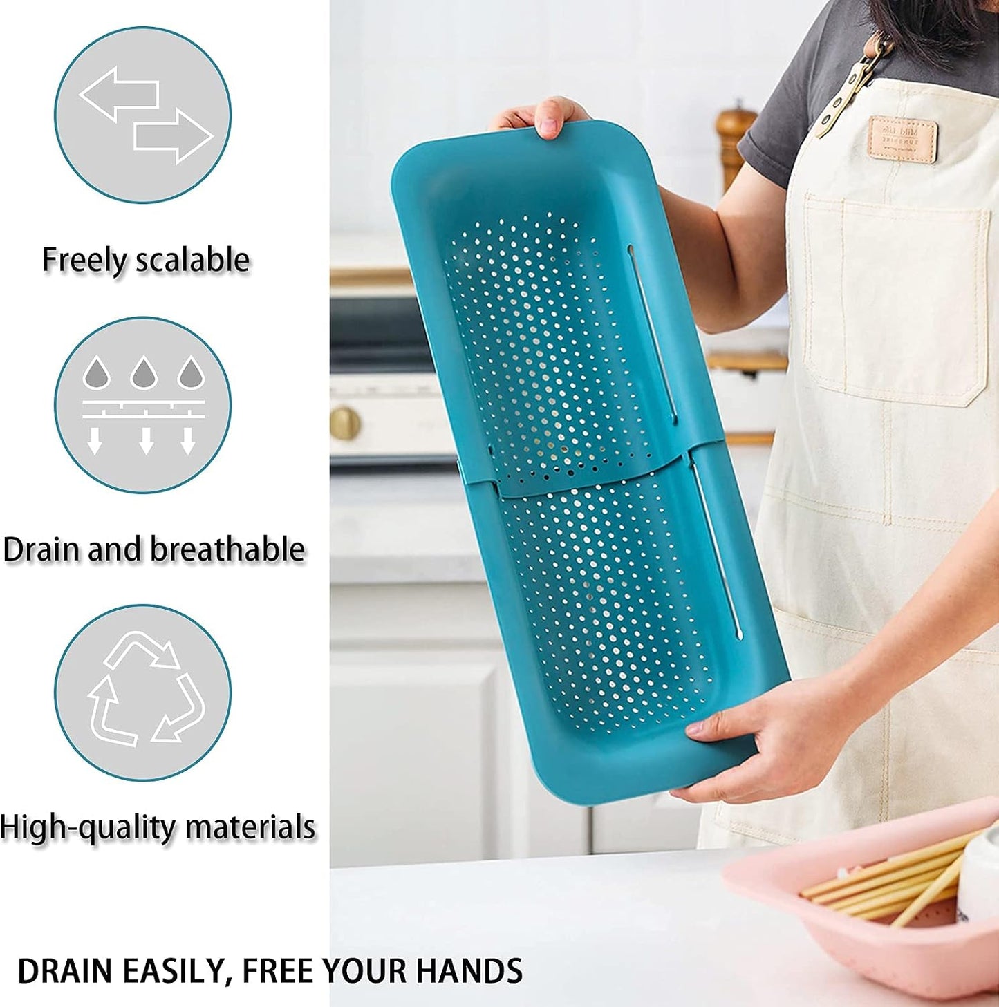 KesaPlan Collapsible Sink Colanders and Strainers Basket Over the Colander Extendable Plastic Fruit Vegetable Strainer Drainer for Kitchen(Length 14.3-19.4 inch)(Gray Set of 2)