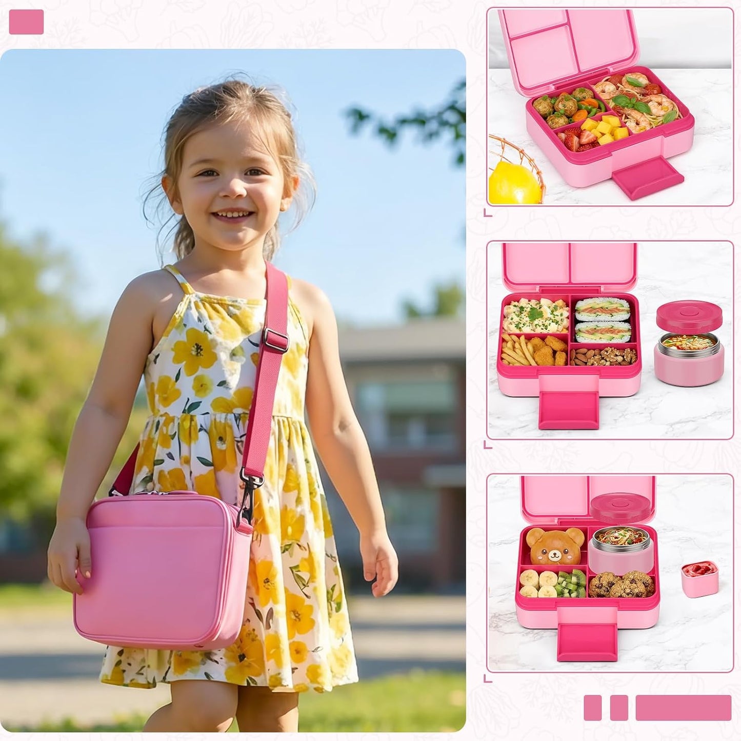 Bento Box Set with 9.5oz Soup Thermo Kids Leak-proof Lunch Box Container with 4 Compartment Stainless Steel Insulated Hot Food Jar with Bag for School Travel - Pink