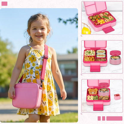 Bento Box Set with 9.5oz Soup Thermo Kids Leak-proof Lunch Box Container with 4 Compartment Stainless Steel Insulated Hot Food Jar with Bag for School Travel - Pink