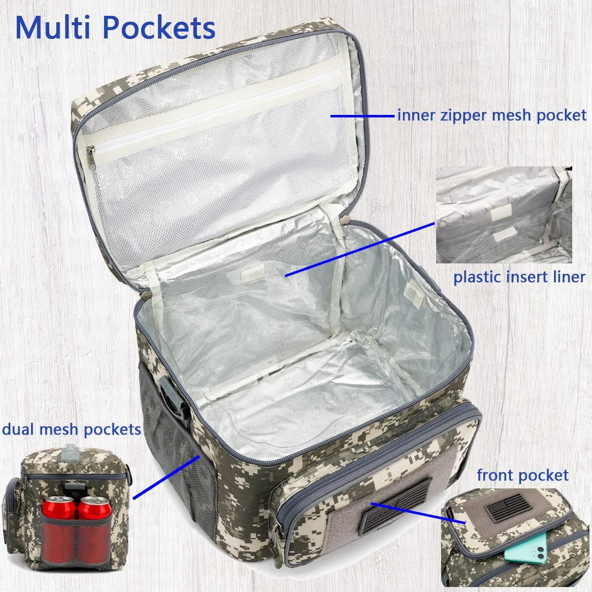 FlowFly Lunch Bag, Insulated Cooler, Thermal Lunch Box Tote with MOLLE/PALS Webbing, Adjustable Padded Shoulder Strap, for Tactical Men Women Adults and Boys Girls Kids (Cyan, Medium)