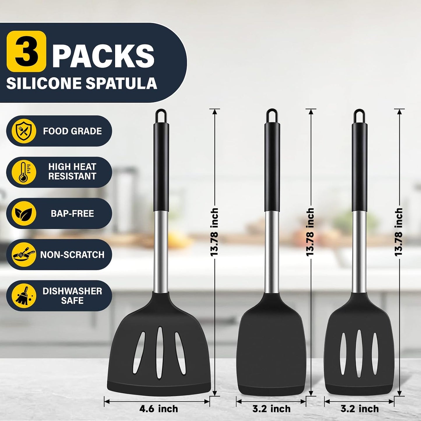 Silicone Spatula Set, Heat Resistant Solid & Slotted Turner for Non-Stick Pans, Silicone Cooking Utensils Set, BPA-Free, Flexible Spatula Turner for Flipping Eggs, Burgers, Pancakes, Black, 3 PCS-A