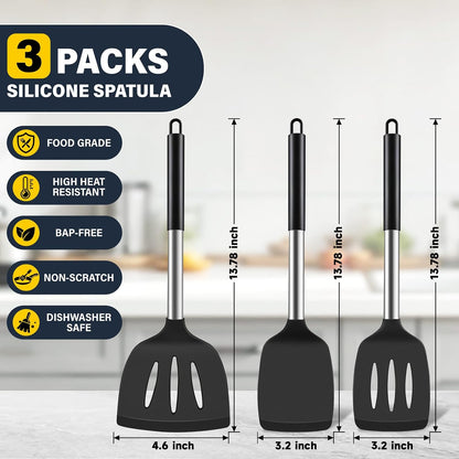 Silicone Spatula Set, Heat Resistant Solid & Slotted Turner for Non-Stick Pans, Silicone Cooking Utensils Set, BPA-Free, Flexible Spatula Turner for Flipping Eggs, Burgers, Pancakes, Black, 3 PCS-A