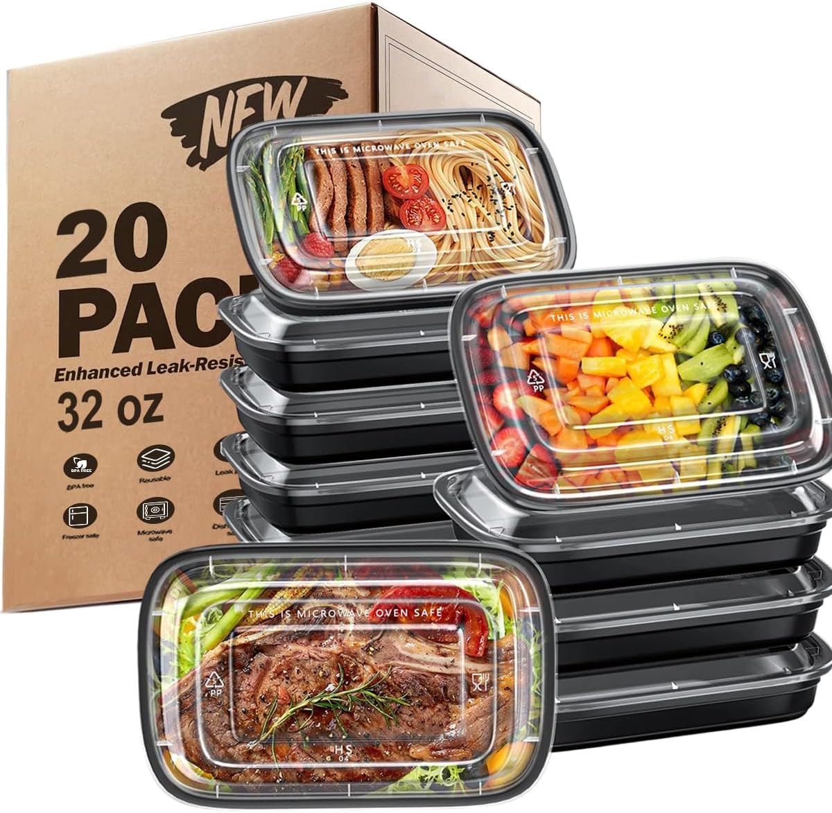 Meal Prep Containers [20 Pack] 1 Compartment 32OZ Food Storage Containers with Lids, Reusable Bento Boxes, BPA Free, Stackable, Microwave/Dishwasher/Freezer Safe
