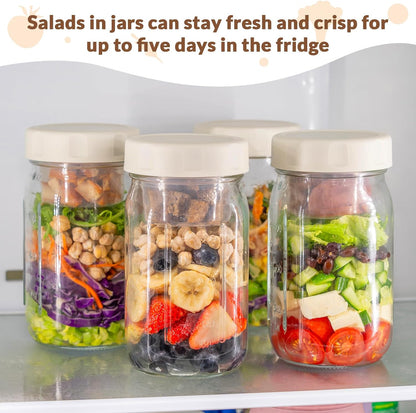 SOLIGT 4 Pack Glass Salad Jars with Lids Meal Prep, Leakproof Container for Lunch, with Wet/Dry Separation Cups, 32oz Mason Jars (Pink/Orange/Sky Blue/Olive Green)