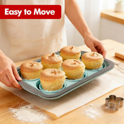 RAYBIN 2 Pack Silicone Muffin Pans for Baking with Metal Frame,Nonstick 6 Cup Silicone Cupcake Pans Egg Molds, Muffin Tins Easy to Pop Egg Baking Pan for Oven,BPA Free