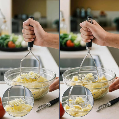 3-Piece Potato Masher & Peeler Set – 2 Stainless Steel Food Mashers + 1 Sharp Vegetable Peeler, Non-Slip Handles for Mashing Potatoes, Avocado, Beans, Veggies & Fruit, Easy to Clean & Dishwasher Safe