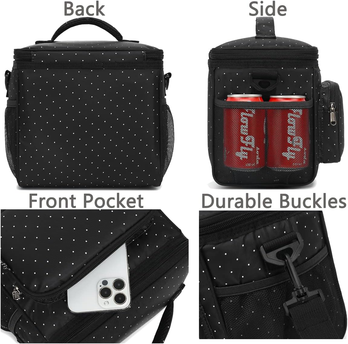 FlowFly Insulated Reusable Lunch Bag Adult Large Lunch Box for Women and Men with Adjustable Shoulder Strap,Front Zipper Pocket and Dual Large Mesh Side Pockets,Cherry - Colors B