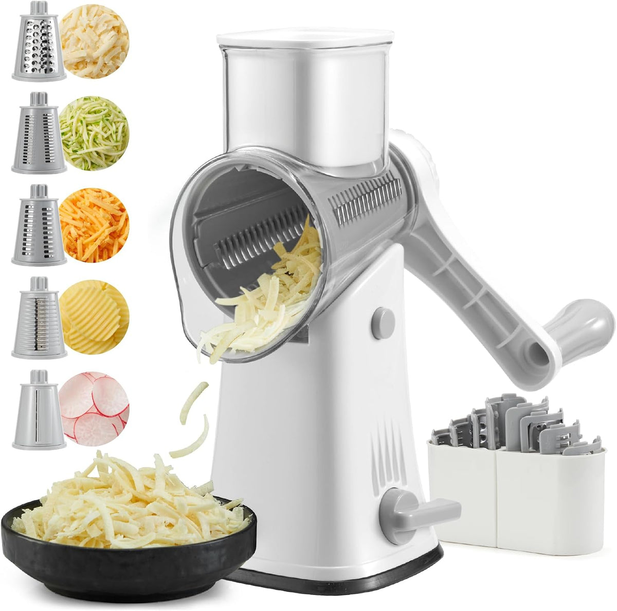 Rotary Cheese Grater hand crank 3 blades with Stronger Suction Base | Stainless Steel Blades for Fruits, Vegetables, Nuts. Dishwasher Safe & Easy to Clean, Transparent Black & Blue