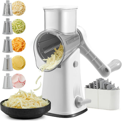 Rotary Cheese Grater hand crank 3 blades with Stronger Suction Base | Stainless Steel Blades for Fruits, Vegetables, Nuts. Dishwasher Safe & Easy to Clean, Transparent Black & Blue