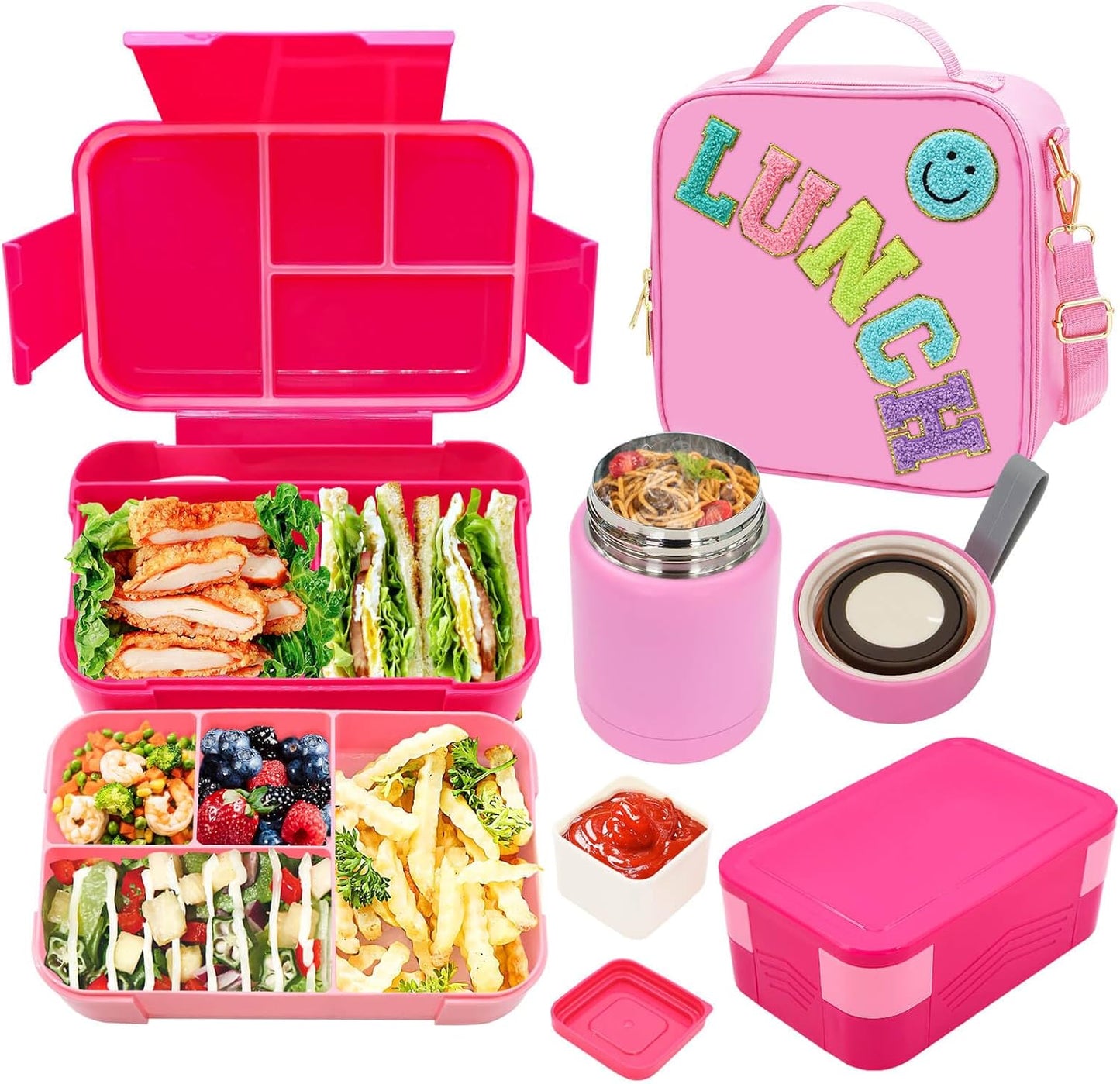 Insulated Lunch Bag for Boys Girls with 10oz Thermo, with 6 Compartment Bento Box, Black Nylon Preppy Lunch Box Adjustable Strap for Boy Girl Kids Teens School Travel Picnic