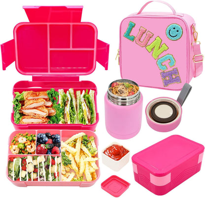 Insulated Lunch Bag for Boys Girls with 10oz Thermo, with 6 Compartment Bento Box, Black Nylon Preppy Lunch Box Adjustable Strap for Boy Girl Kids Teens School Travel Picnic