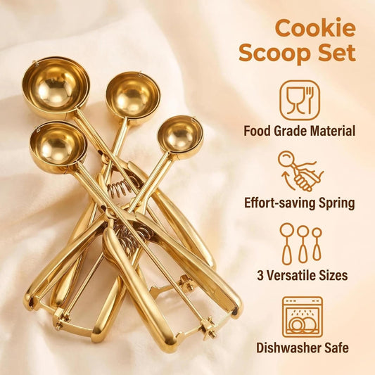 Gold Ice cream spoon,3Pcs Cookie Scoop Set,Stainless steel ice cream scoop with trigger release,Tablespoons,dough scoop,3 Sizes (S/M/L)