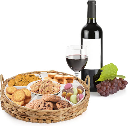 AVLA Ceramic Divided Serving Dishes, Porcelain Relish Tray, Party Appetizer Platter, 6 Removable Snack Bowls with Cattail Basket for Chips and Dips, Candy, Nut, Condiment, Veggie, Portable Handle