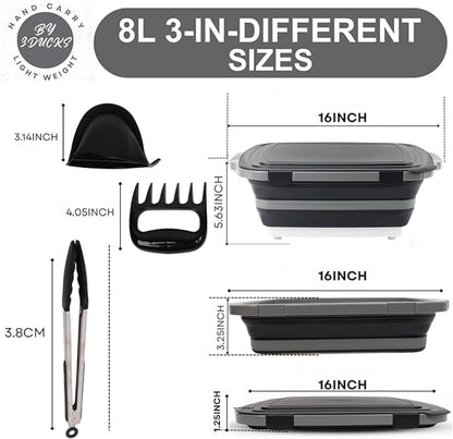 Collapsible BBQ Prep Tub 8L Black | Portable Meat Marinating Container with Locking Cutting Board Lid, BBQ Tongs, 2 Meat Shredding Claws & 2 Heat-Resistant Grill Gloves for Camping & Grilling