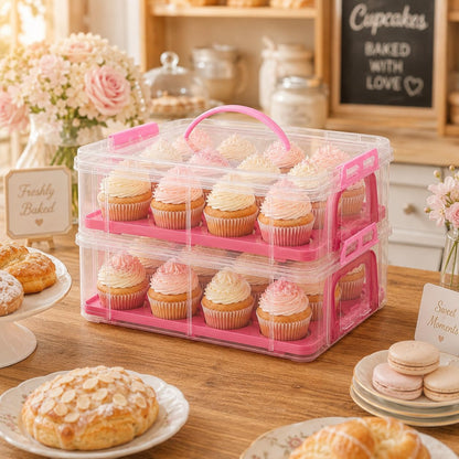 Cupcake Carrier Stackable Storage Container Collapsible Cake Carrier with Lid and Handle, with 50 PCS Cupcake liners,Reusable Plastic Dessert Travel Container,Transport Box (24 Cupcakes White)
