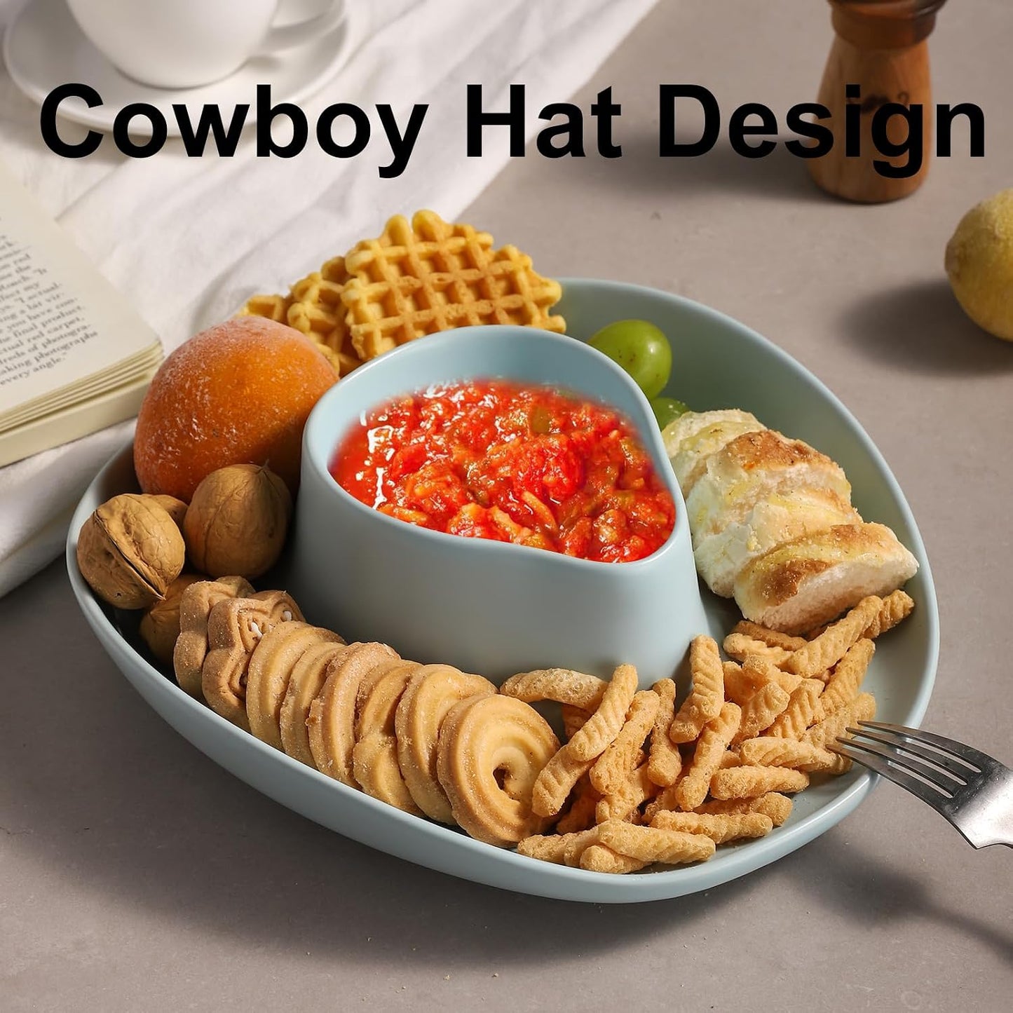 Chip and Dip Serving Set Bowl Cowboy Hat Chips and Salsa Serving Dish.10.6 x 11.6 x 3.5 in White