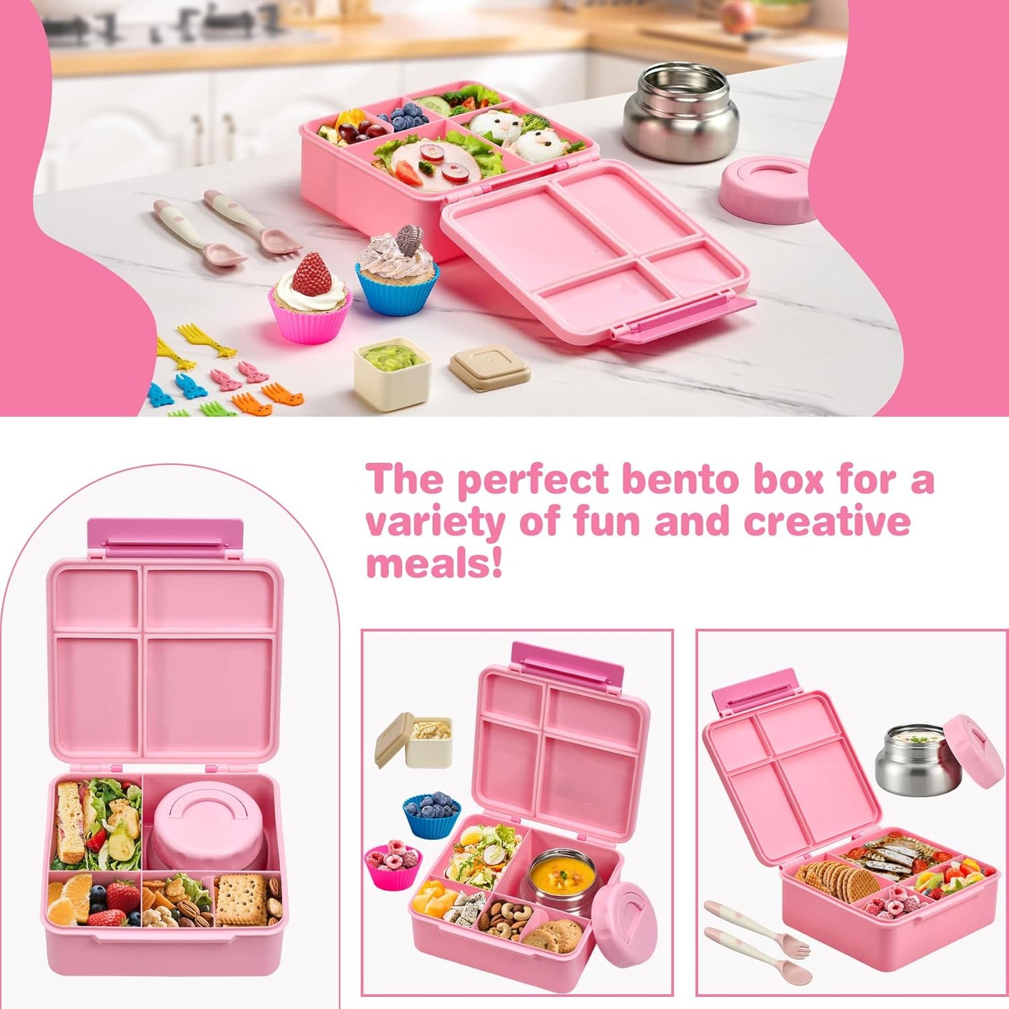 Bento Lunch Box with 9.5 oz Soup Thermo, Kids Leakproof 4 Compartments Bento Box with Silicone Cupcake,Fruit Fork,Spoon and Sauce Cup,Insulated Food Jar for School Travel-Black