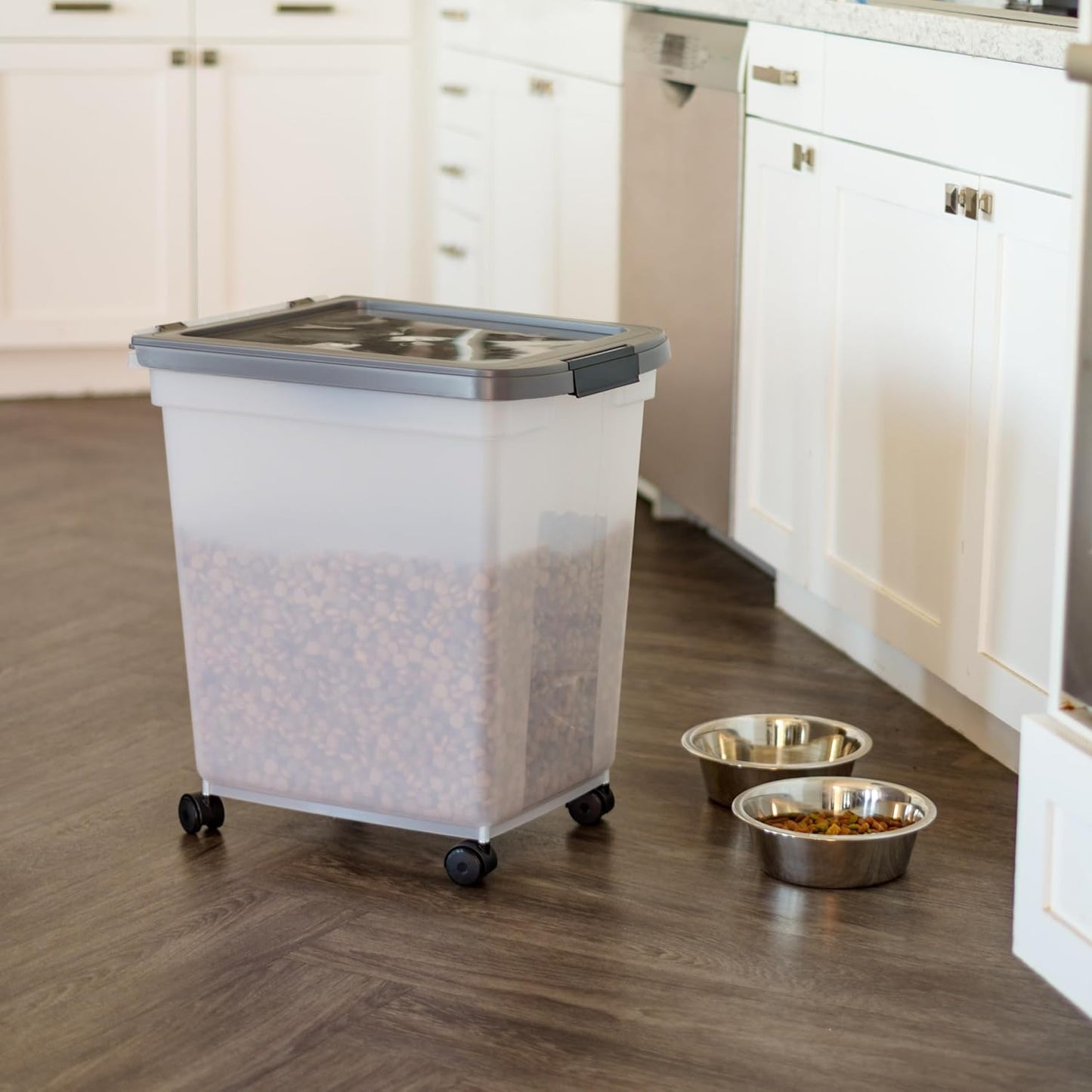 IRIS USA Airtight Dog Food Storage Container, WeatherPro, Up to 25 lbs, Removable Wheels, for Dog Cat Bird and Other Pet Food Storage Bin, Keep Fresh, Translucent Body, Made in USA, Clear/Black