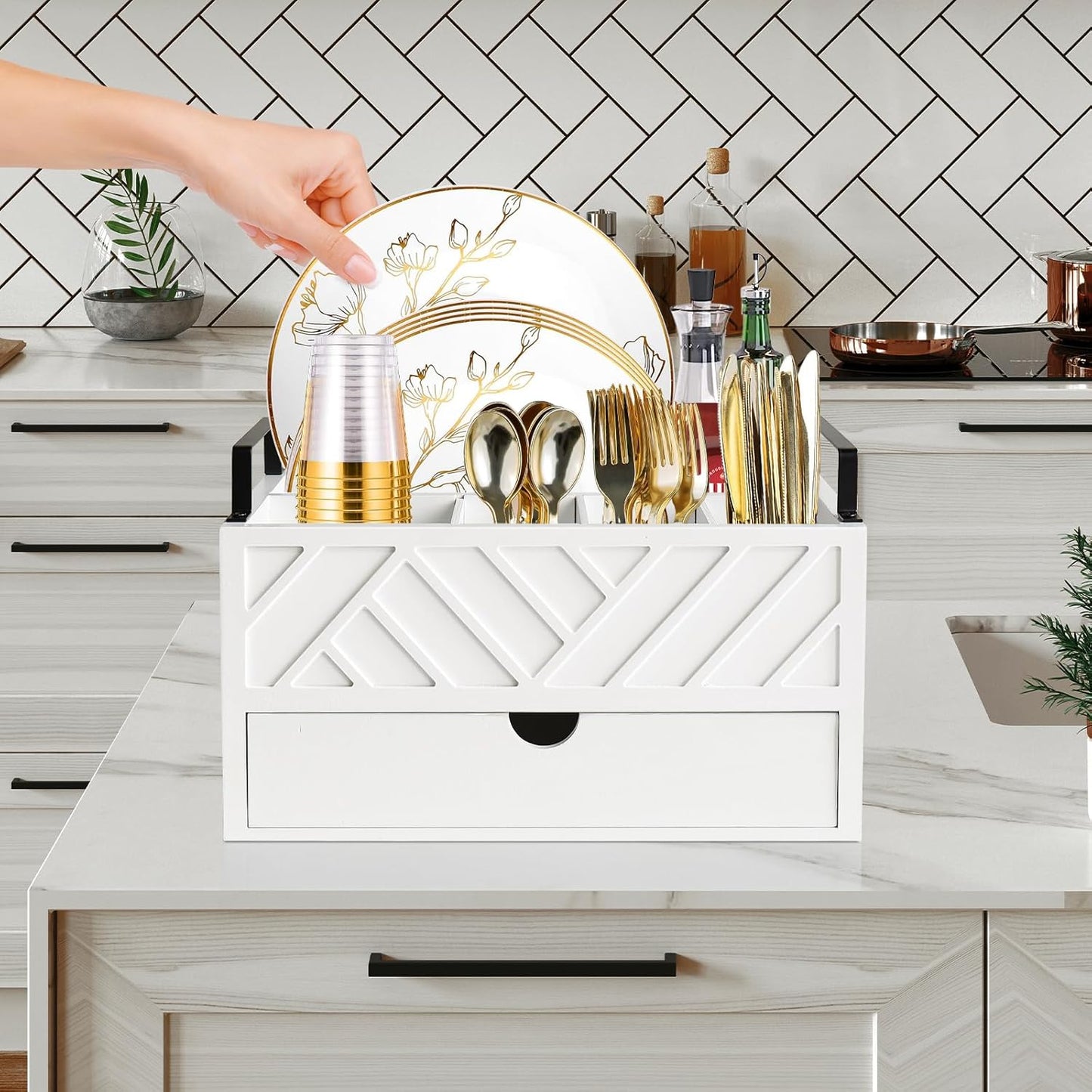 Paper Plate Dispenser with Drawer, Paper Plate Holder for Kitchen Counter, Wood Rustic Silverware Utensil Caddy, Cutlery Flatware Organizer for Cup Spoon Fork Plates Napkins, Black Kitchen Accessories