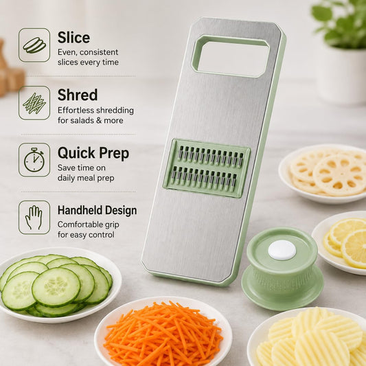 Stainless Steel Mandoline Slicer, Handheld Vegetable Cutter with Food Holder, Kitchen Slicer Shredder Grater for Potatoes, Carrots, Cucumbers and Fruit, Green (Green)