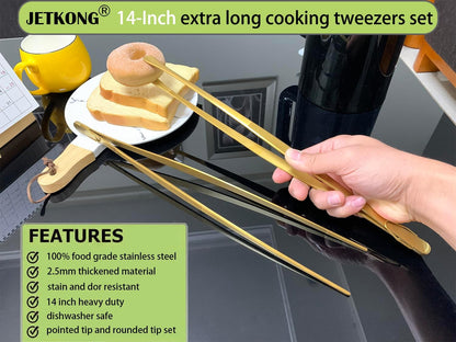 JETKONG 2 Pcs 12-Inch Kitchen Tweezers Fine Tweezer Tongs, Extra-Long Stainless Steel Cooking Tweezers (Silver)