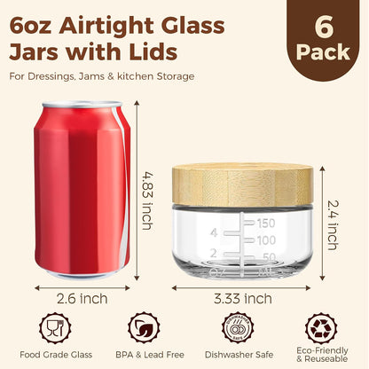 6oz Glass Jars with Airtight Lids - 6 Pack Overnight Oats Containers with Bamboo Lids, Small Food Containers with Measurement for Yogurt, Salad, Chia, Wide Mouth Mason Jar with Lid for Food Storage