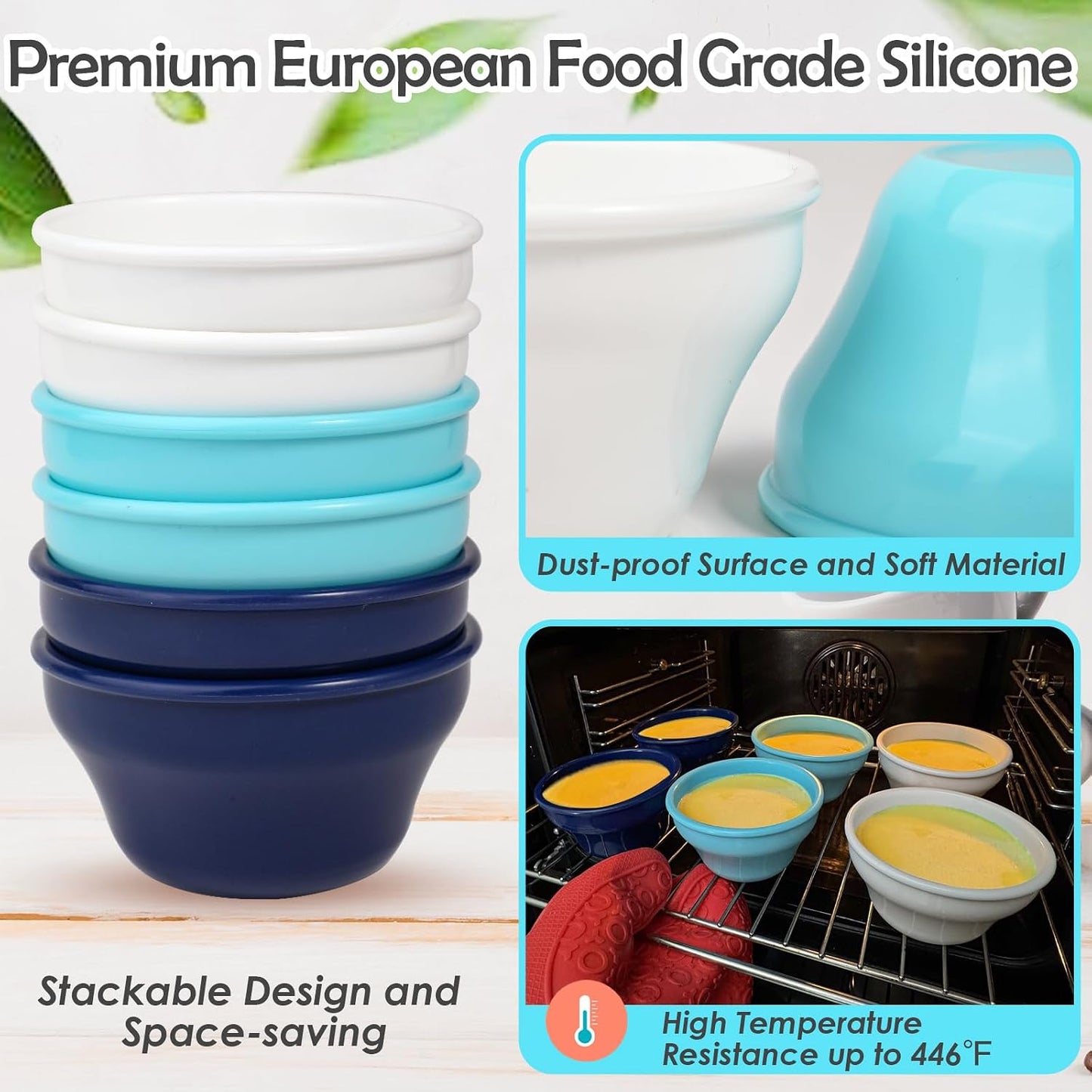 KOLUTI 6 Pack Silicone Bouillon Cups, 8oz Dessert Sauce Dipping Soup Prep Bowl, Small Ice Cream Creme Brulee Pudding Container, BPA Free, Oven, Microwave, Freezer and Dishwasher Safe