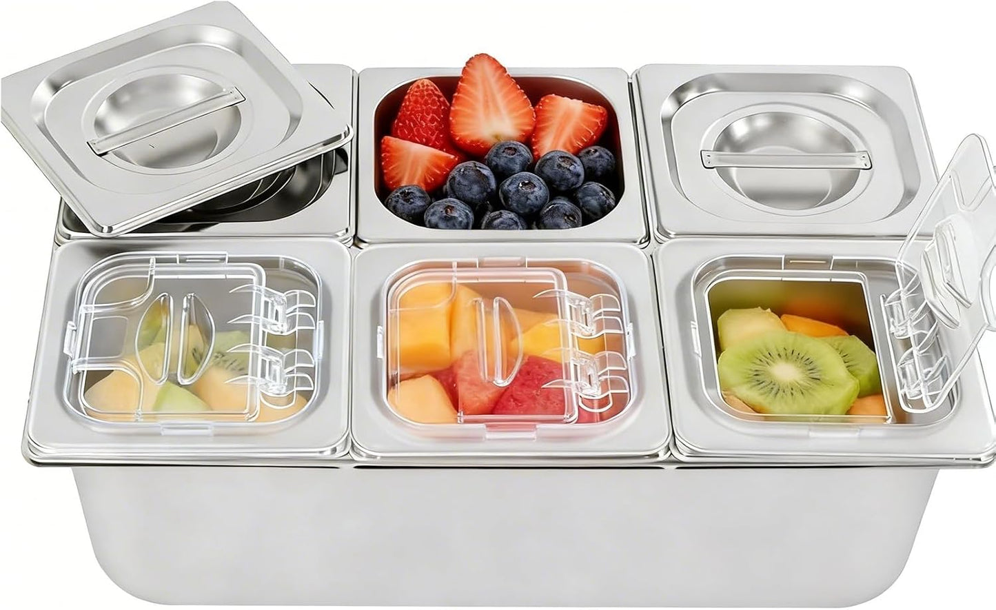 3/4/6 Compartment Stainless Steel Fruit Serving Set with Removable Acrylic Lids, Drainage Mats - Commercial Food Storage Containers for Buffet, Restaurant (3-Pan)