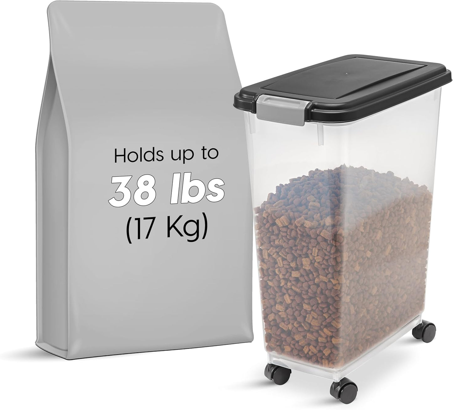 IRIS USA Airtight Dog Food Storage Container, Up to 30 lbs, Attachable Wheels, for Dog Cat Bird and other Pet Food Storage Bin, Keep Fresh, Easy Mobility, BPA Free, Black