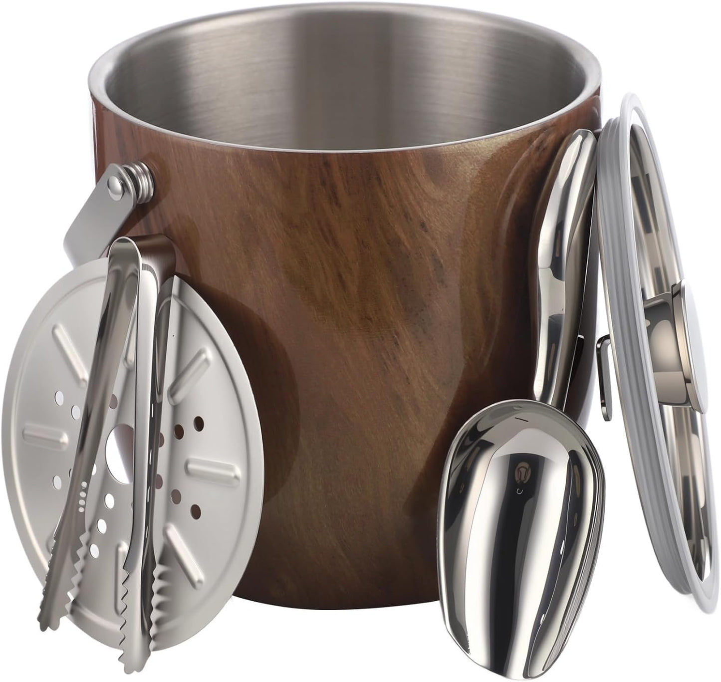 Double-Walled Stainless Steel Ice Bucket with Lid, 7.09 x 7.01 in, Wood Grain Insulated Ice Container with Scoop, Tongs, Strainer, for Home Bar, Parties