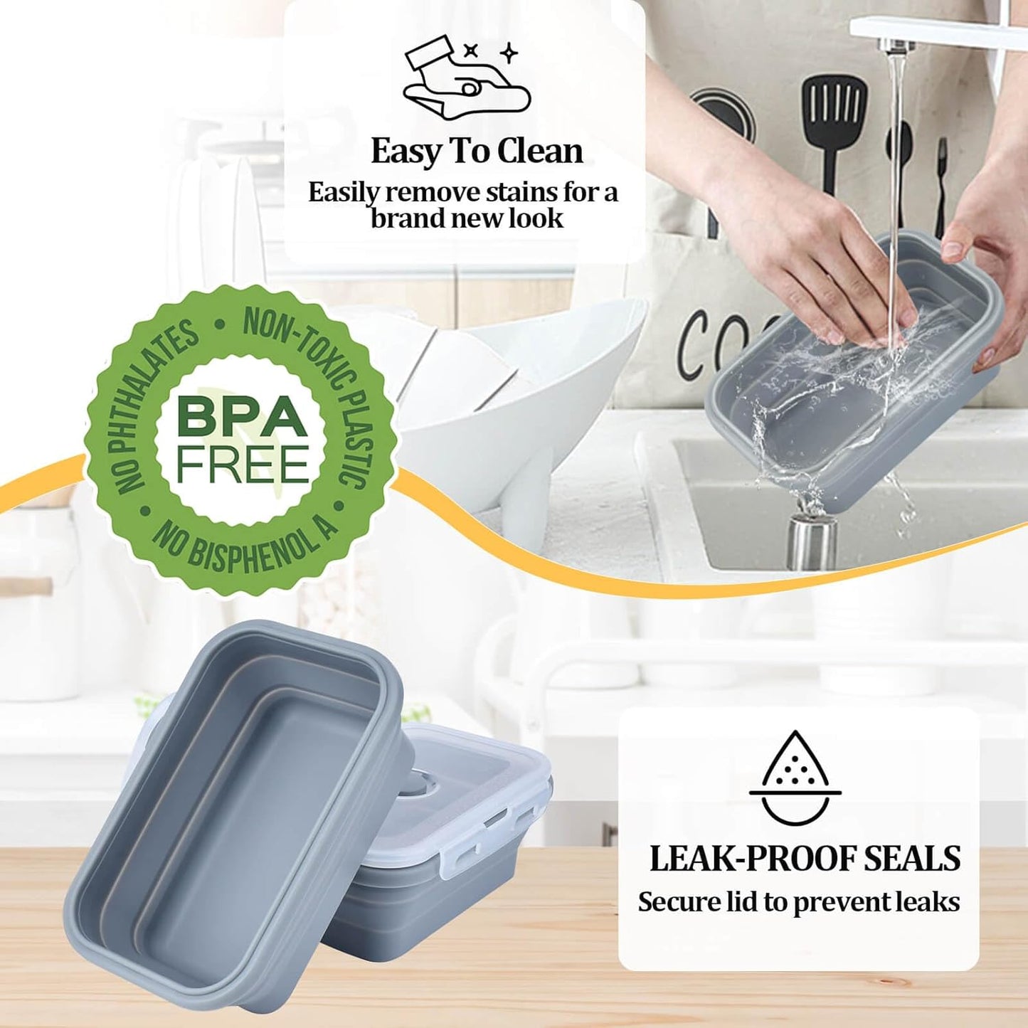Collapsible Silicone Food Storage Container, Meal Prep Food Storage Containers with Lids, Lunch Containers Collapsible Bowls Sets for Microwave, Oven, Freezer and Dishwasher, BPA Free, Dark Blue
