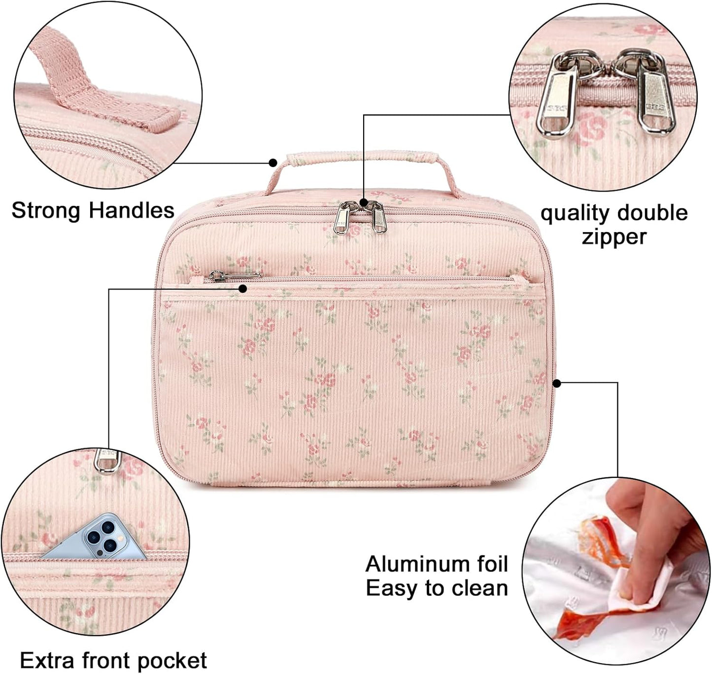 Bluboon Insulated Lunch Bag for Girls & Boys, Corduroy School Lunch Box with Cooler & Organizer Compartments, Leak-Proof Lunch Tote for School, Travel (Corduroy Strawberries Beige)
